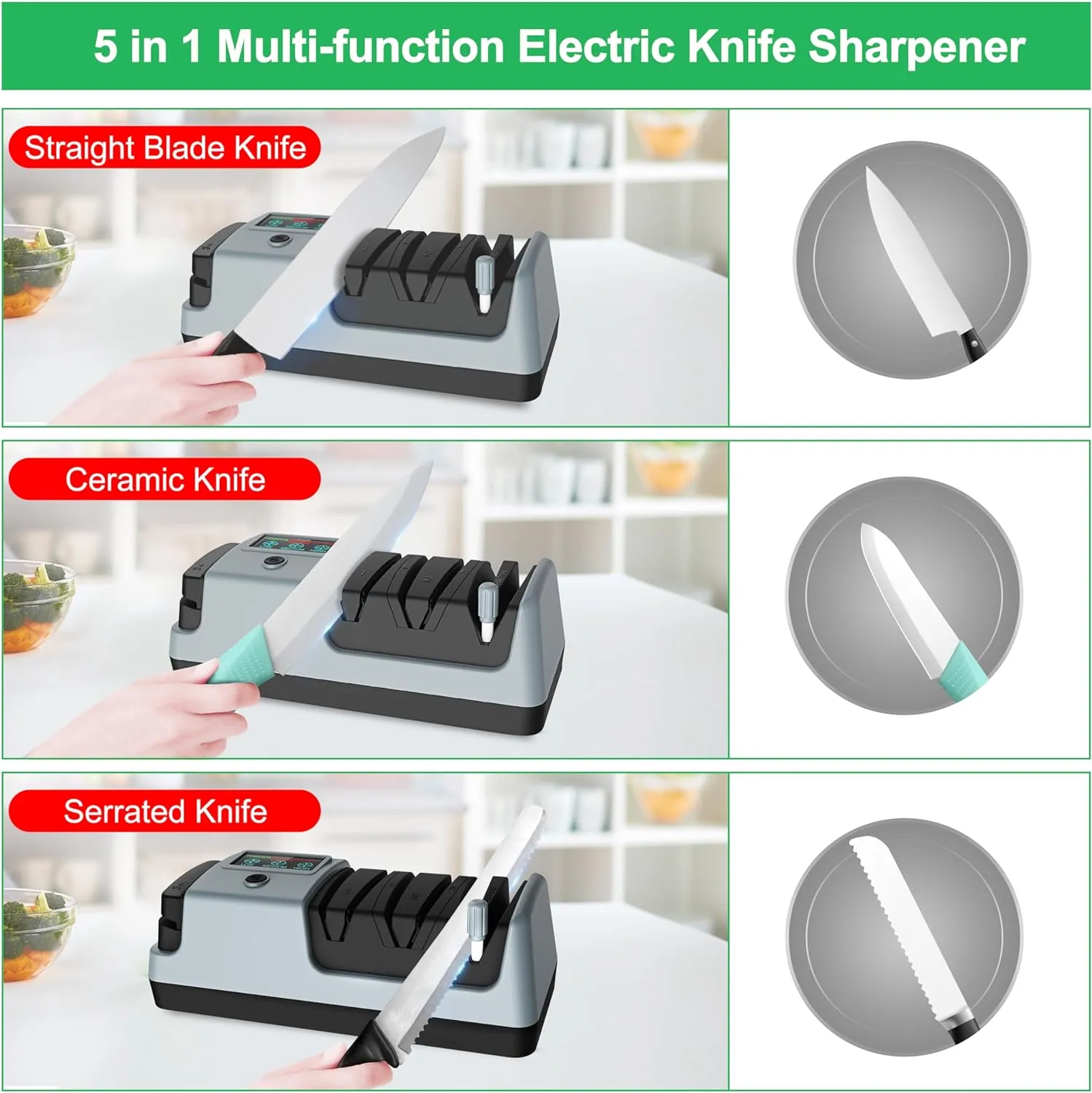 5-in-1 Electric Knife Sharpener with 3 Rotational Speed for Straight Blade Knives, Serrated Knives, Meat Cleaver Knives, Ceramic Knives & Scissors