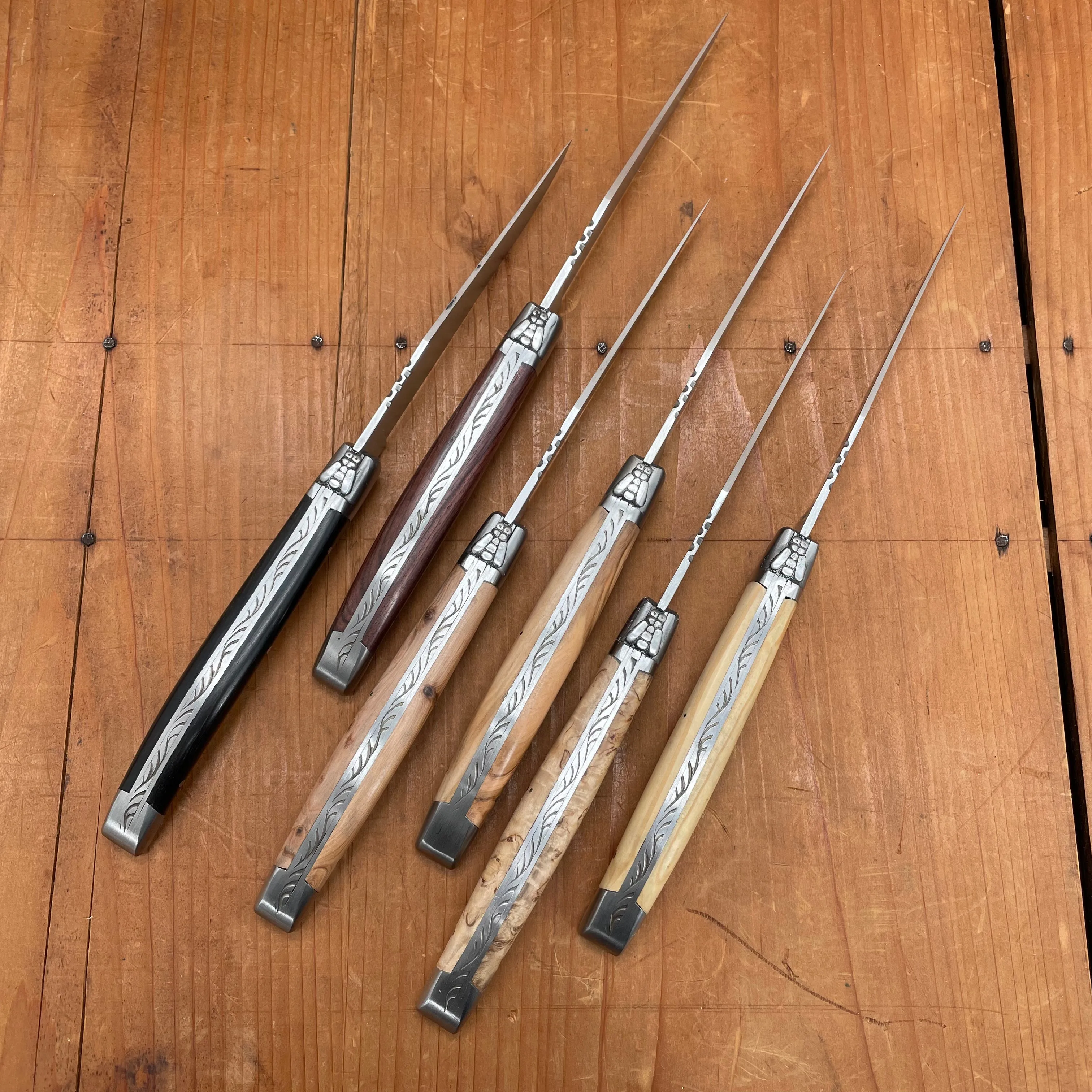 Au Sabot Laguiole Steak Knife Mixed Wood Handles with Oak Box - 6 Pieces