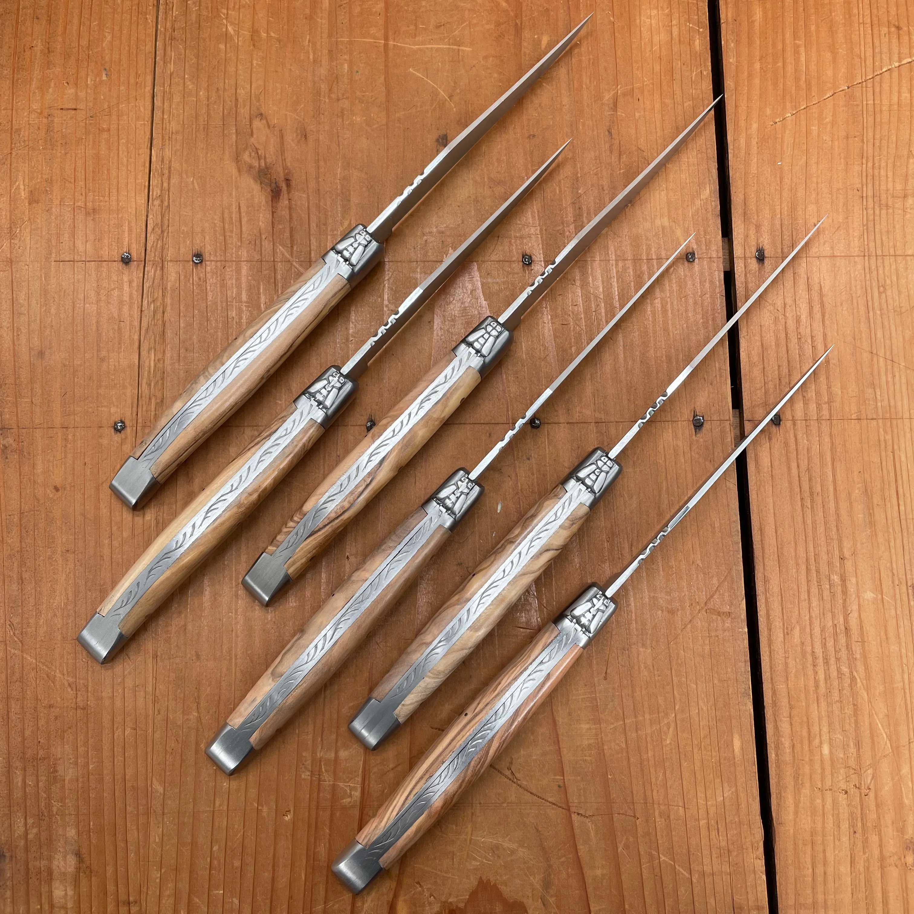 Au Sabot Laguiole Steak Knife Set Stainless Olive Handles with Oak Box - 6 Pieces