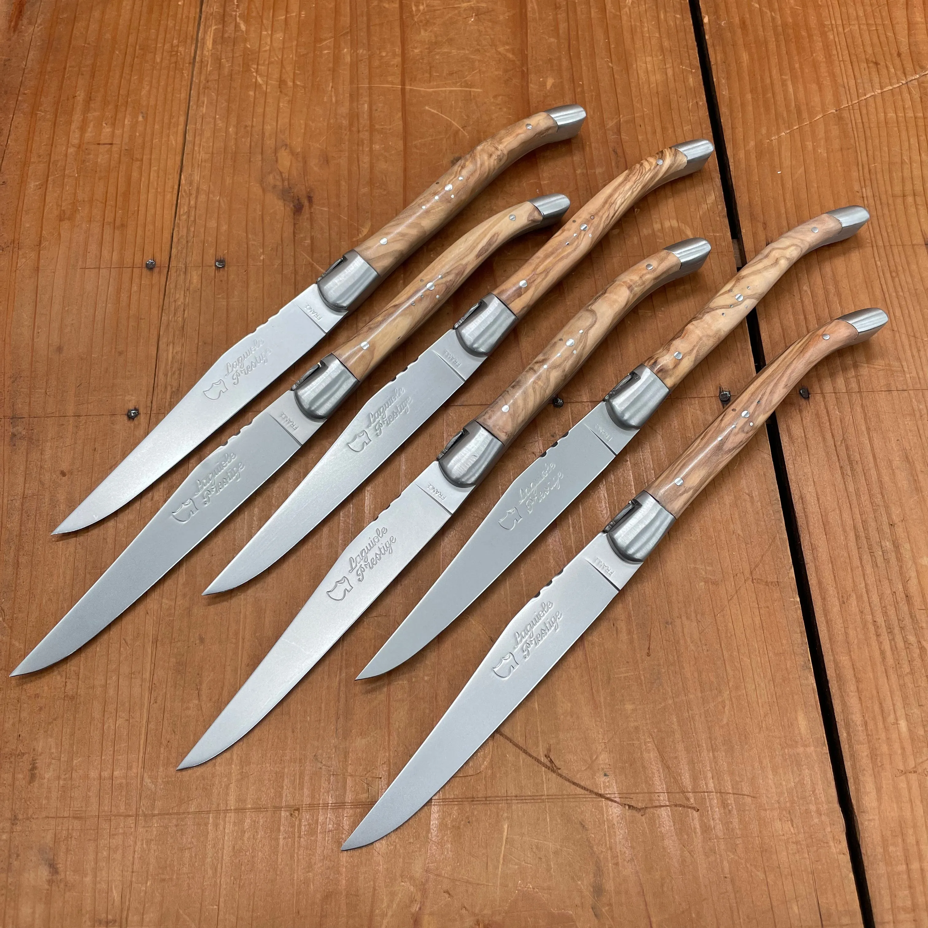 Au Sabot Laguiole Steak Knife Set Stainless Olive Handles with Oak Box - 6 Pieces