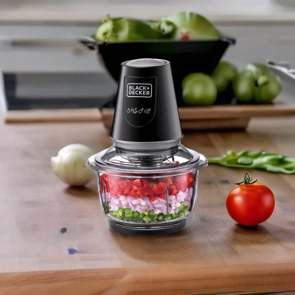 BLACK DECKER 400W 1.2L Vertical Glass Chopper/Mincer XXL Glass Bowl Capacity With Removable Four Blade System Helps, Chop/Crush Ice/Mince/Grind/Puree Variety Of Ingredients GC400-B5