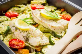 Cod Steak with Courgette and Tomato Bake