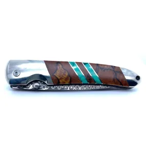 Double Sided Malachite Spalted Beech 4" Damascus Steel Linerlock With Clip