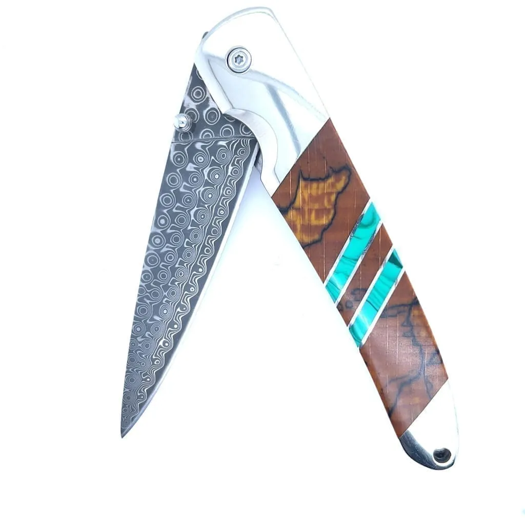 Double Sided Malachite Spalted Beech 4" Damascus Steel Linerlock With Clip