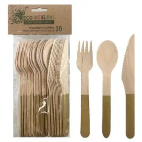 Eco Friendly Birchwood Wooden Cutlery Set With Gold Accent