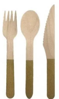 Eco Friendly Birchwood Wooden Cutlery Set With Gold Accent