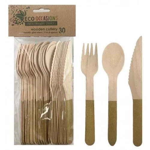 Eco Friendly Birchwood Wooden Cutlery Set With Gold Accent