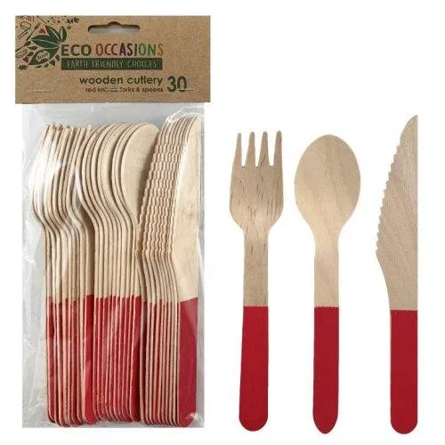 Eco Friendly Birchwood Wooden Cutlery Set With Red Accent