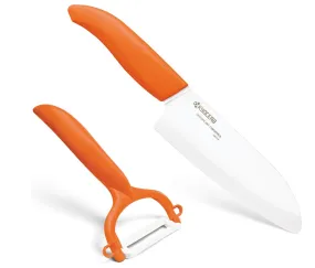 Kyocera Santoku Knife   Rod Handle Peeler Set - Orange