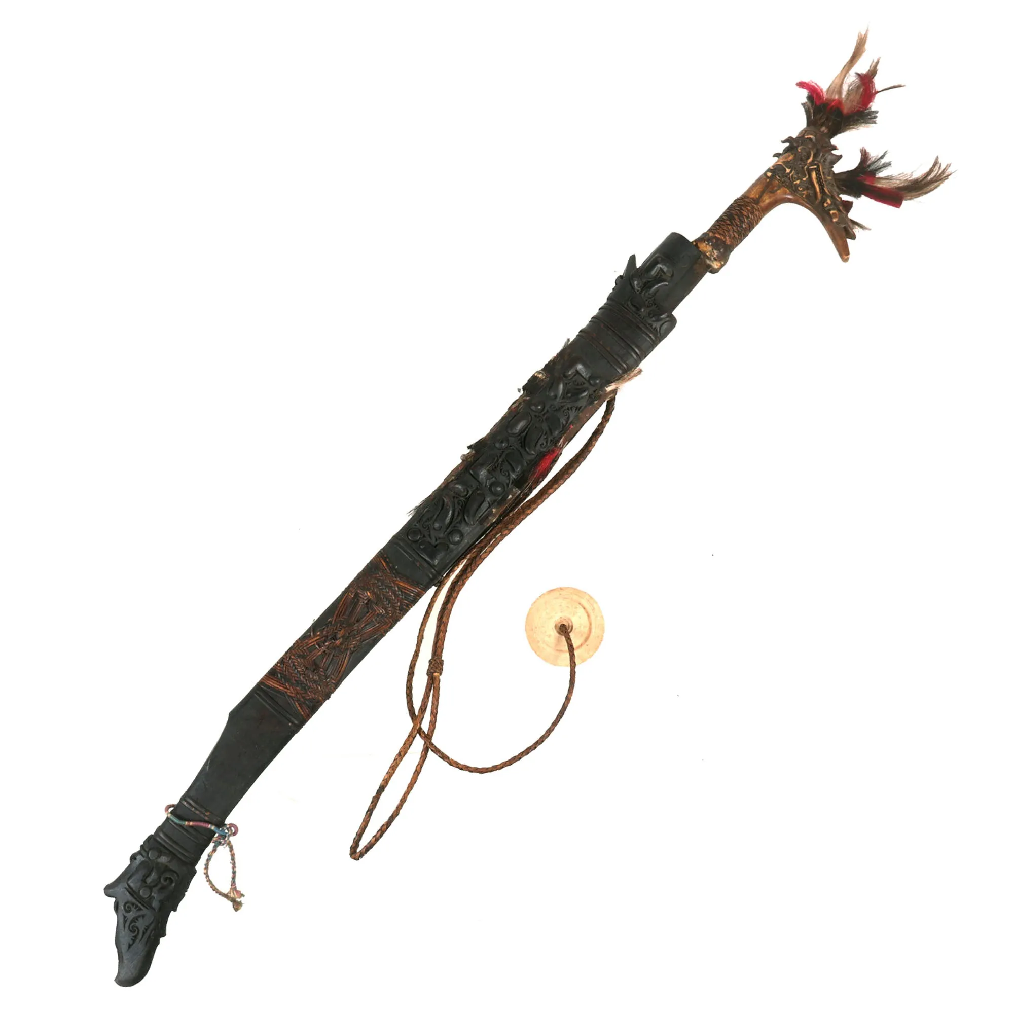 Original 19th Century Borneo Dayak Headhunters Mandau with Pisau Raout Knife & Wooden Scabbard