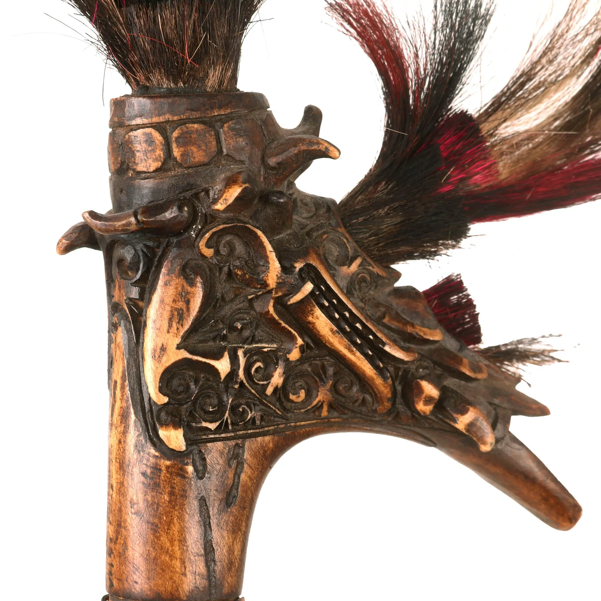 Original 19th Century Borneo Dayak Headhunters Mandau with Pisau Raout Knife & Wooden Scabbard
