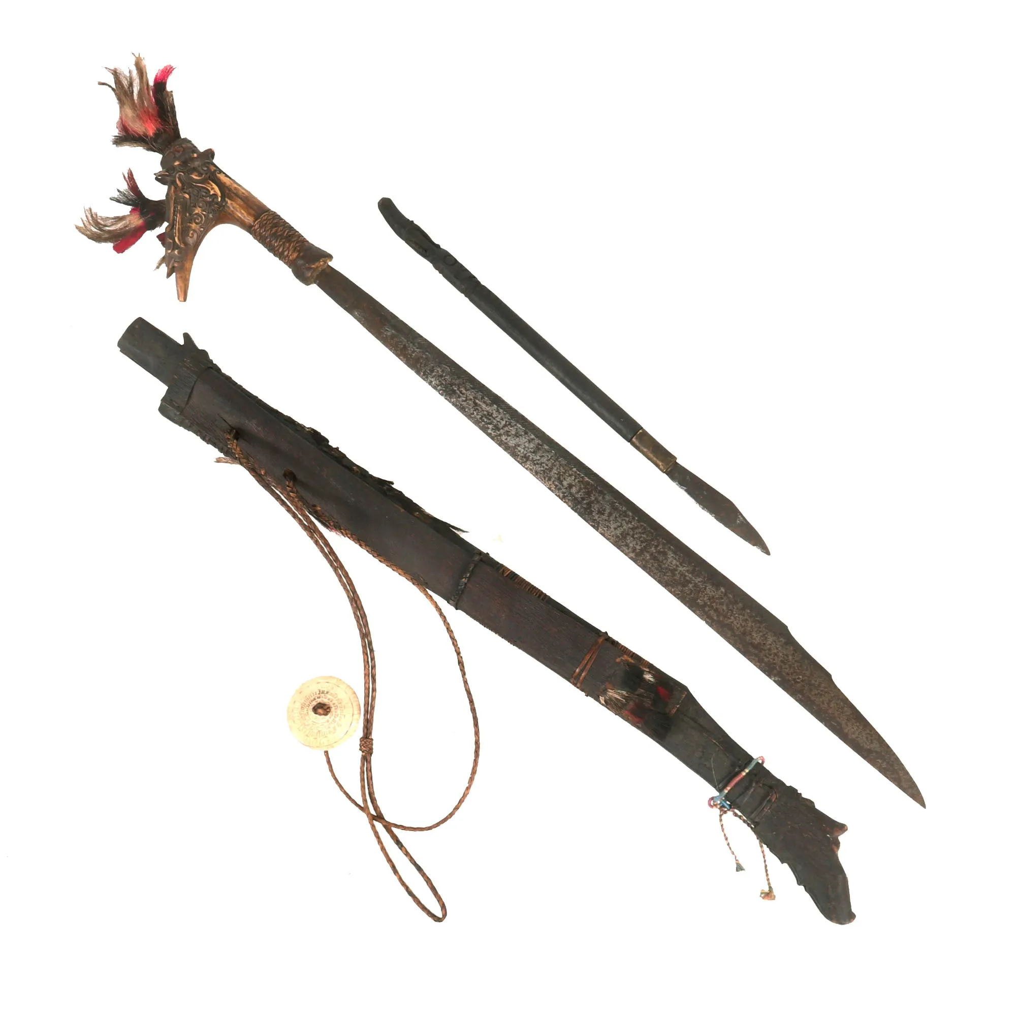 Original 19th Century Borneo Dayak Headhunters Mandau with Pisau Raout Knife & Wooden Scabbard