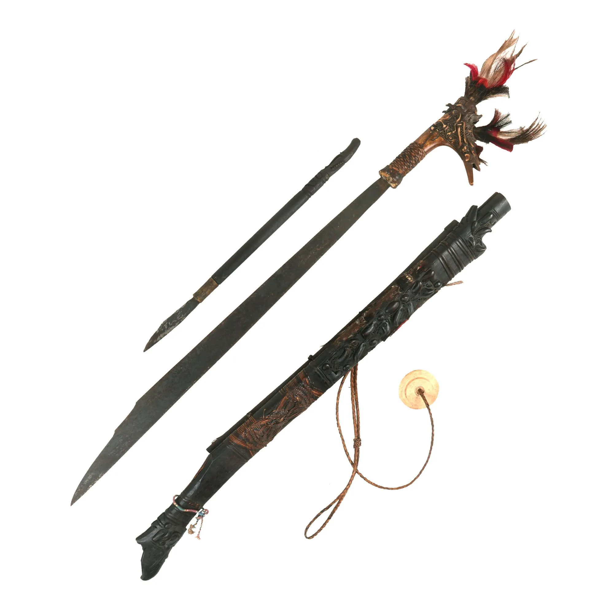 Original 19th Century Borneo Dayak Headhunters Mandau with Pisau Raout Knife & Wooden Scabbard