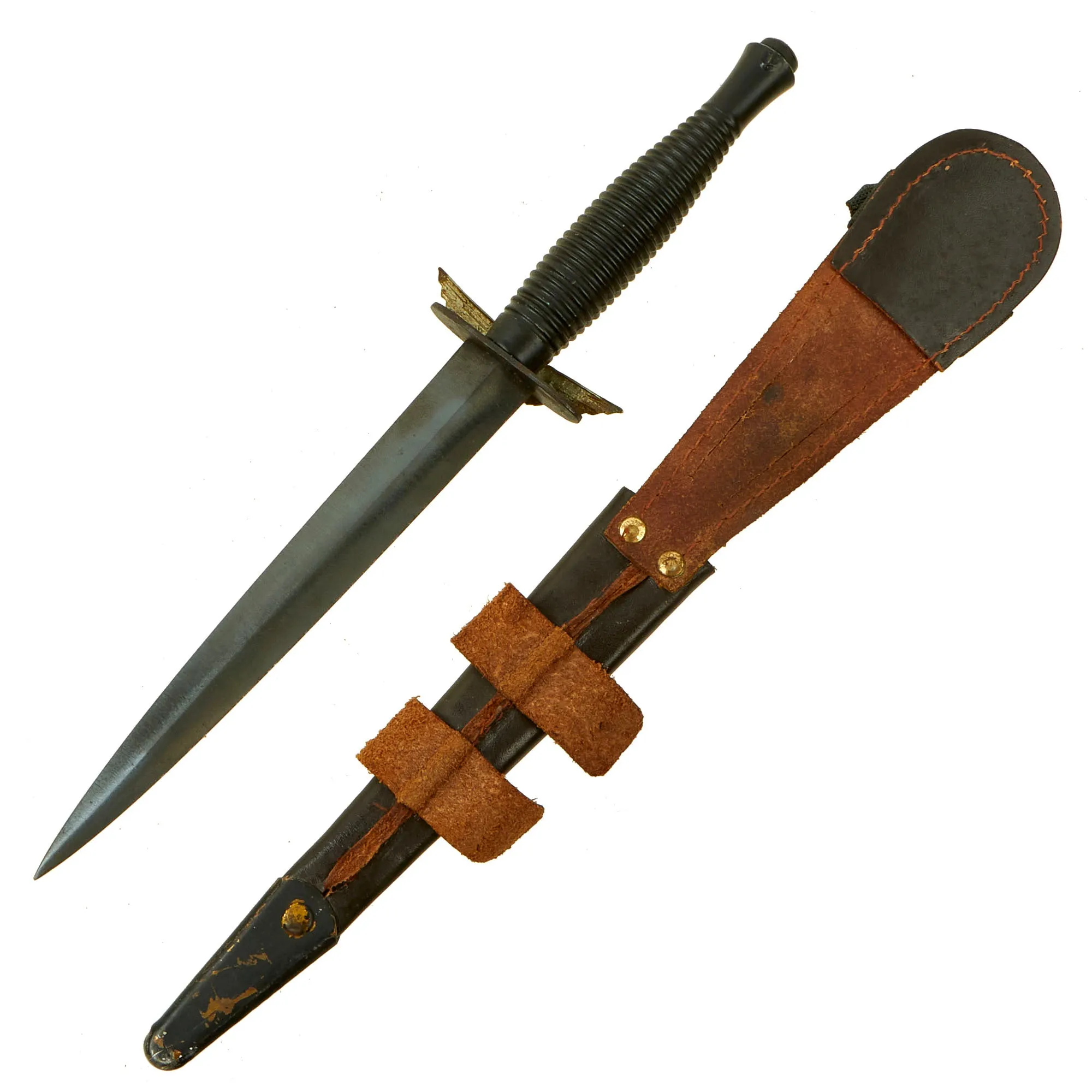 Original British Korean War Era 3rd Pattern Fairbairn Sykes Fighting Knife with Period Applied Parachute Regiment Badge and Scabbard