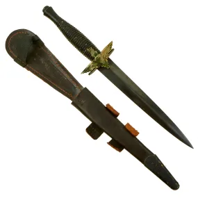 Original British Korean War Era 3rd Pattern Fairbairn Sykes Fighting Knife with Period Applied Parachute Regiment Badge and Scabbard