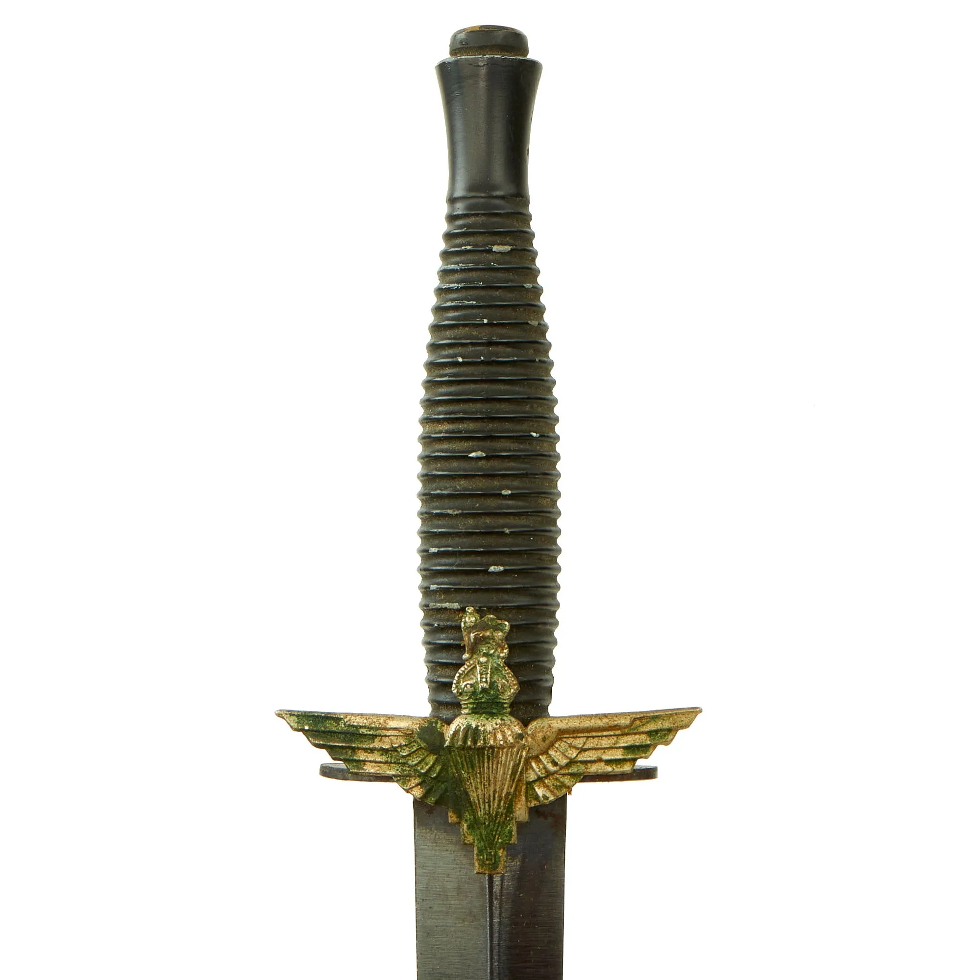 Original British Korean War Era 3rd Pattern Fairbairn Sykes Fighting Knife with Period Applied Parachute Regiment Badge and Scabbard