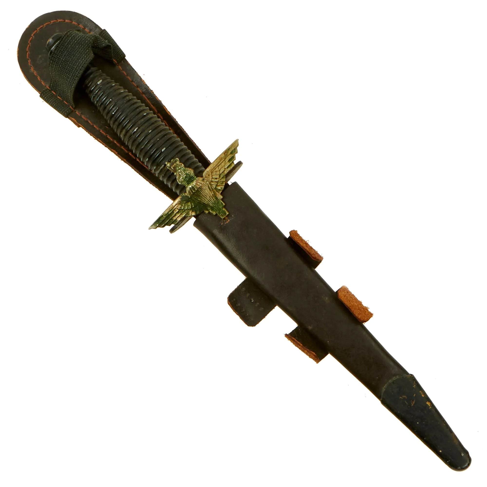 Original British Korean War Era 3rd Pattern Fairbairn Sykes Fighting Knife with Period Applied Parachute Regiment Badge and Scabbard