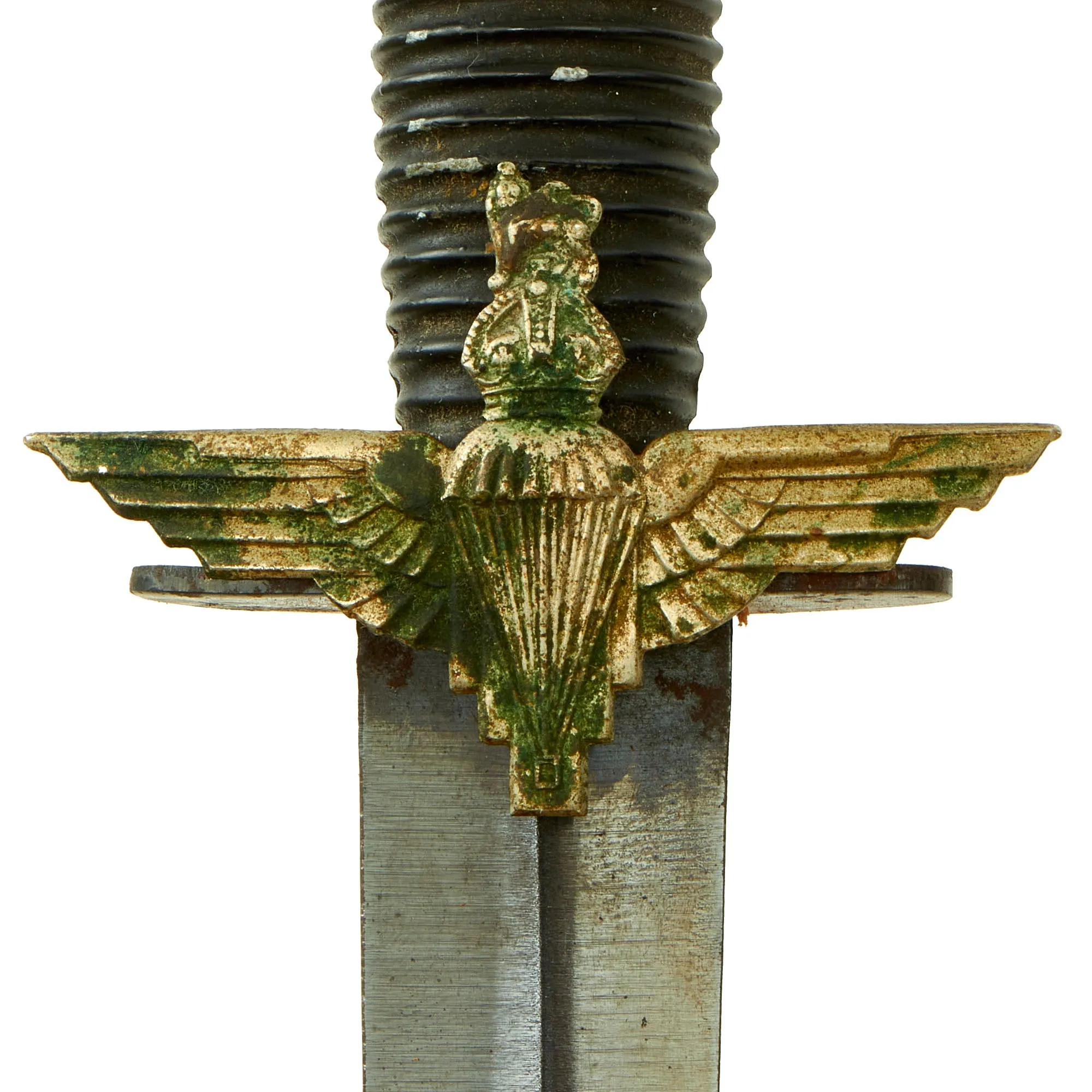 Original British Korean War Era 3rd Pattern Fairbairn Sykes Fighting Knife with Period Applied Parachute Regiment Badge and Scabbard