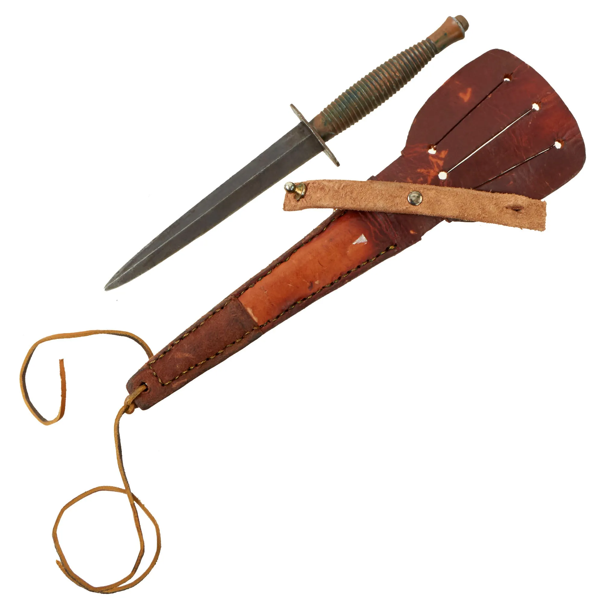 Original British Late WWII or Early Post War 3rd Pattern Fairbairn Sykes Fighting Knife Marked Sheffield England with “Theater Made” Scabbard