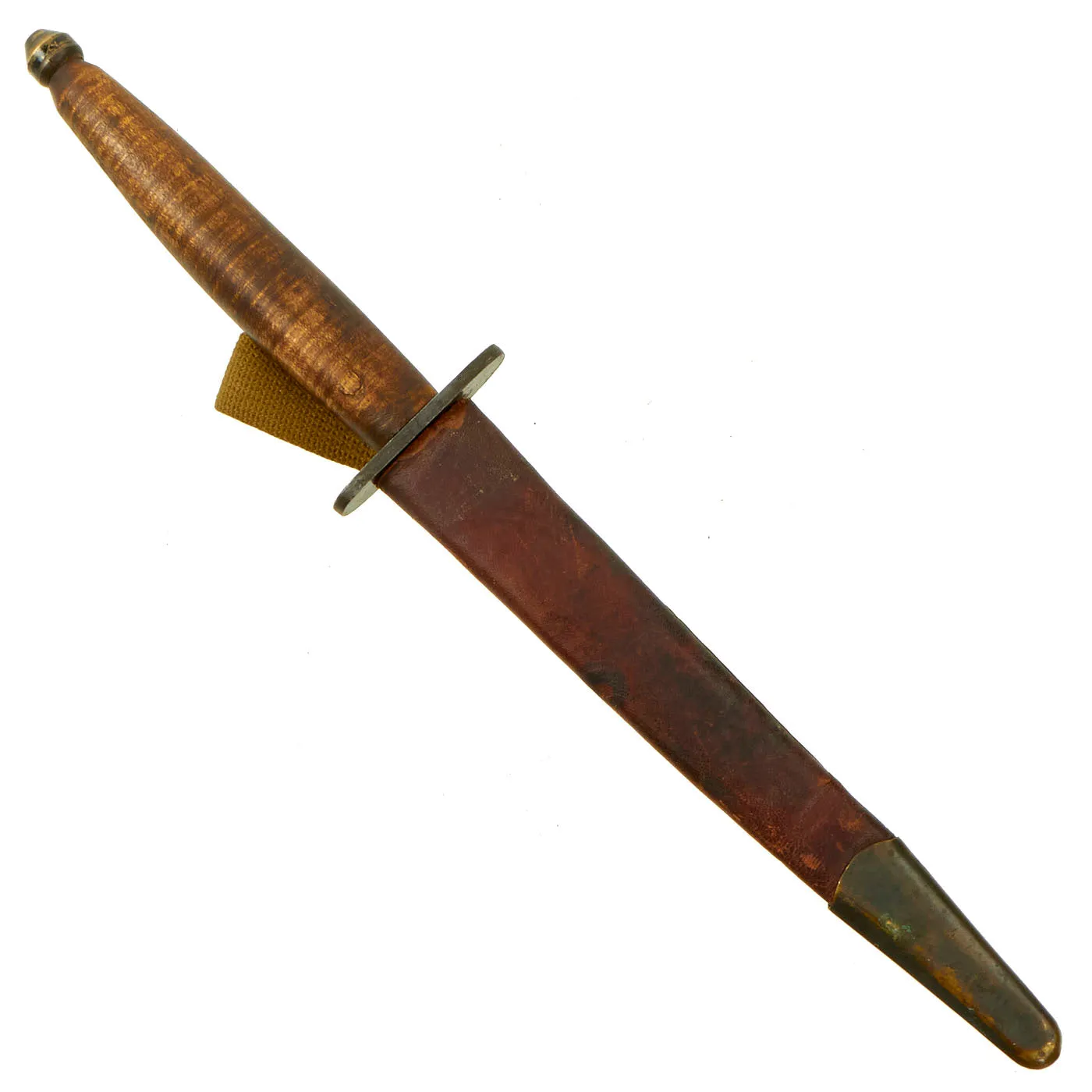 Original British WWII Custom 3rd Pattern Fairbairn Sykes Fighting Knife With Curly Maple Wood Handle and Leather Scabbard
