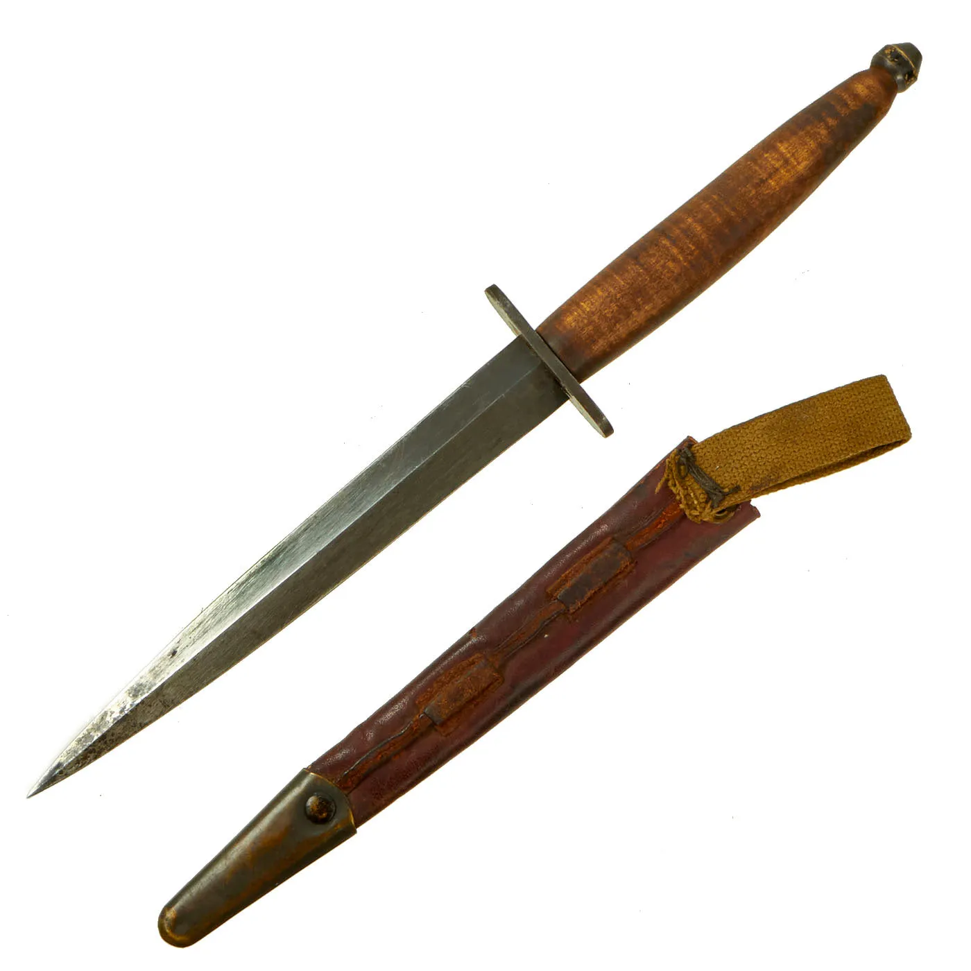 Original British WWII Custom 3rd Pattern Fairbairn Sykes Fighting Knife With Curly Maple Wood Handle and Leather Scabbard
