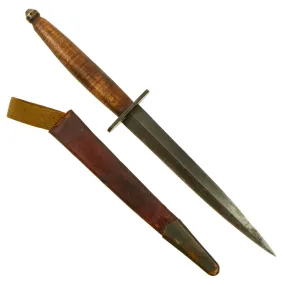 Original British WWII Custom 3rd Pattern Fairbairn Sykes Fighting Knife With Curly Maple Wood Handle and Leather Scabbard