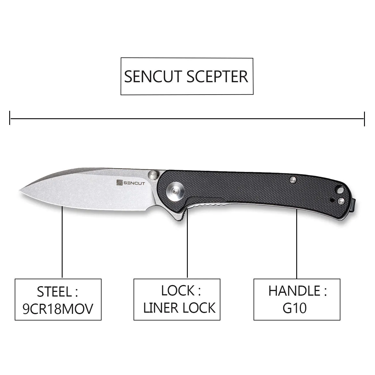 SENCUT Scepter Flipper &Thumb Stud Knife G10 Handle (2.97" 9Cr18MoV Blade) SA03B