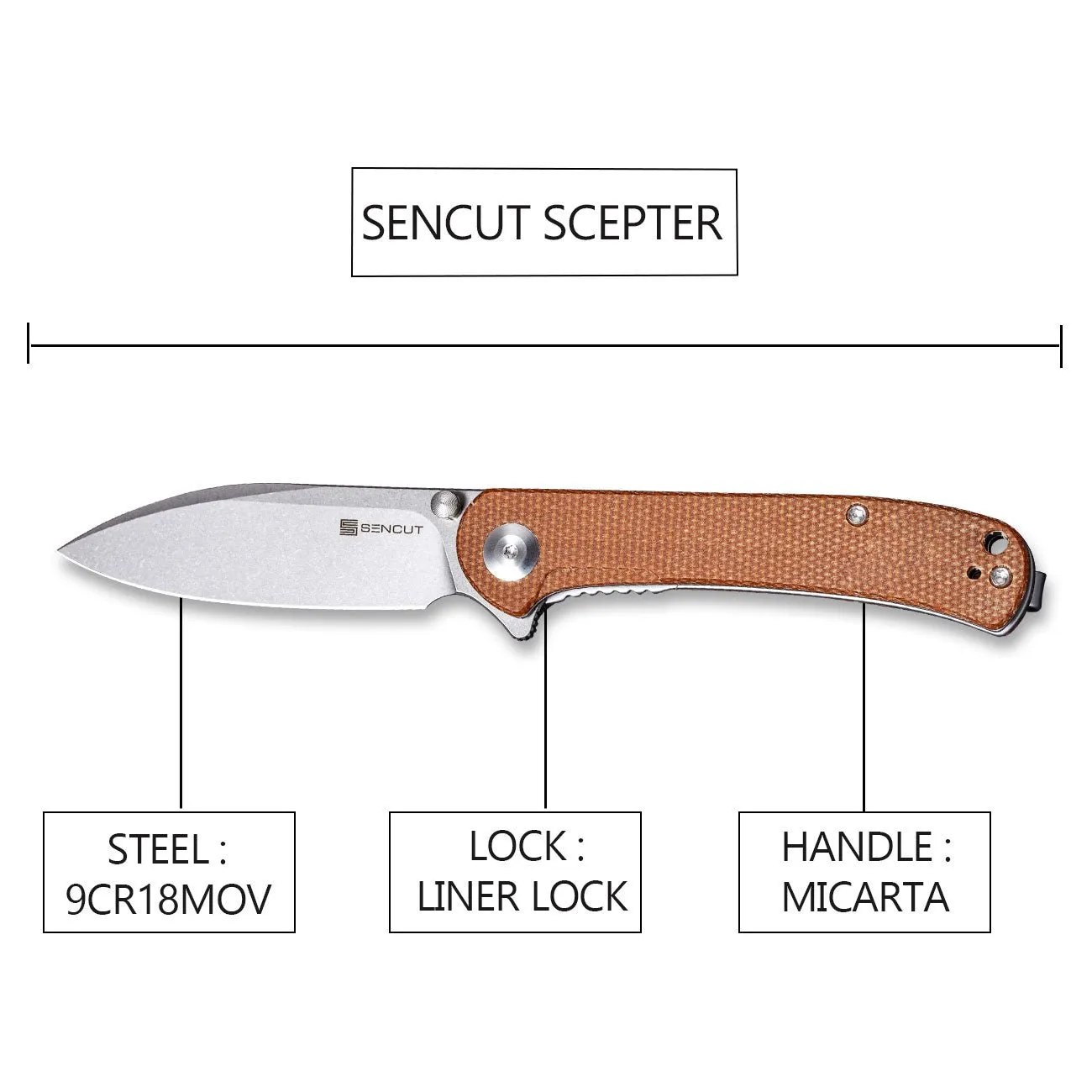 SENCUT Scepter Flipper &Thumb Stud Knife Micarta Handle (2.97" 9Cr18MoV Blade) SA03D